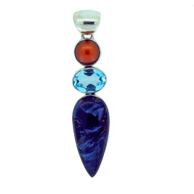 Pearl, blue topaz, pietersite jasper and sterling silver pendant